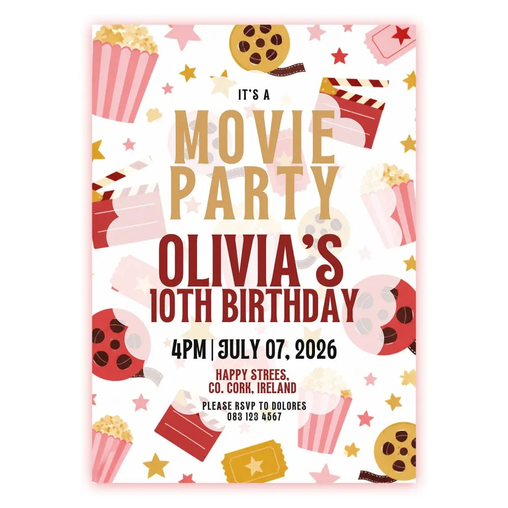 Personalised Movie Night Birthday Party Invitation - movie night birthday, movie night, night birthday, personalised