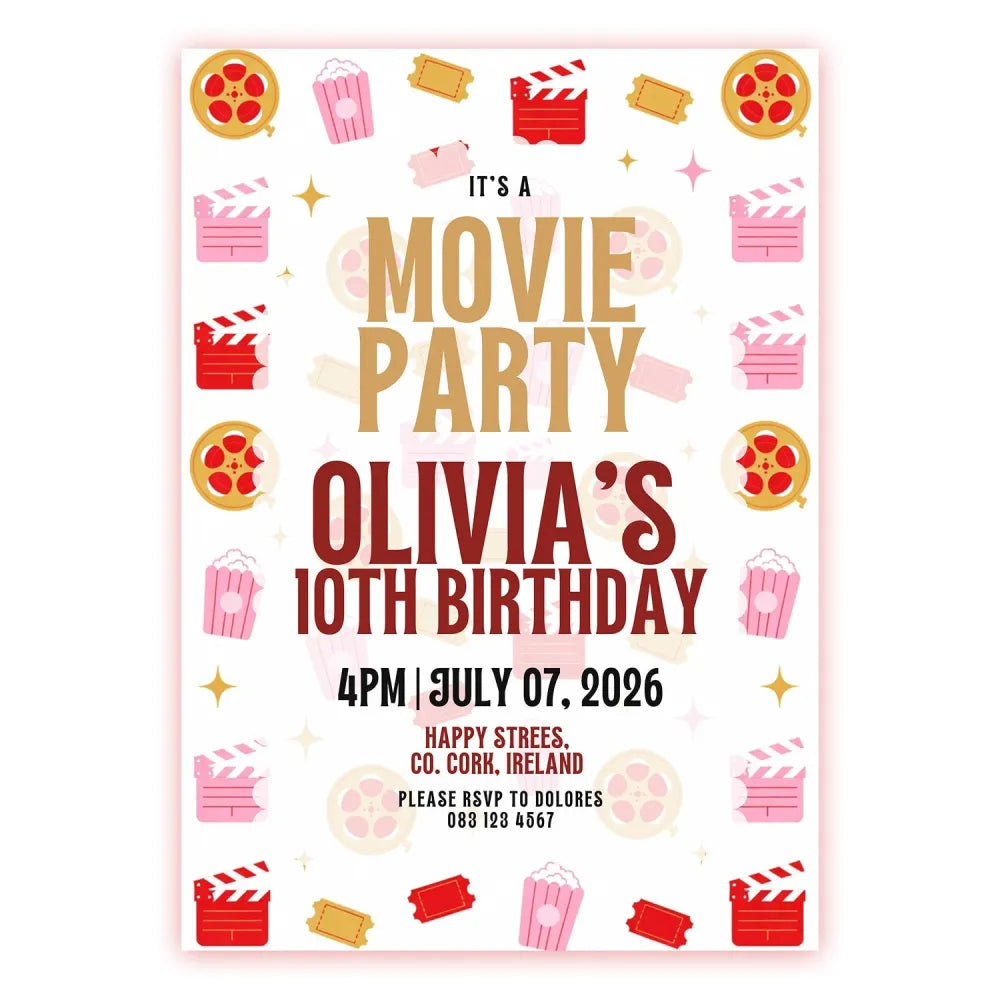 Personalised Movie Party Birthday Invitation - birthday invitation, movie party birthday, party birthday invitation,