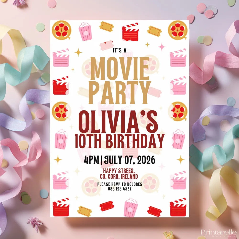 Personalised Movie Party Birthday Invitation - birthday invitation, movie party birthday, party birthday invitation,