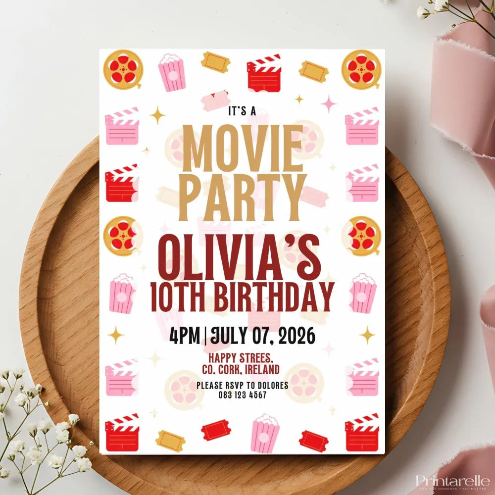 Personalised Movie Party Birthday Invitation - birthday invitation, movie party birthday, party birthday invitation,