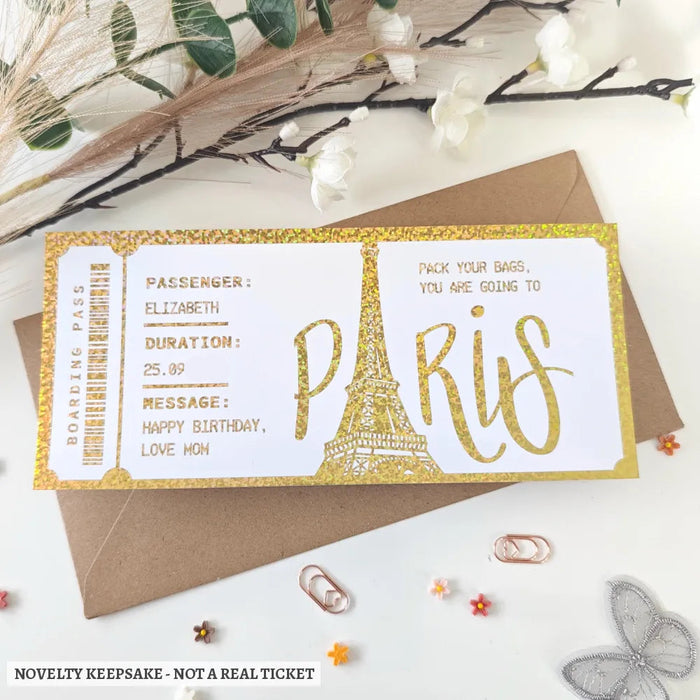 Personalised paris boarding pass keepsake in gold glitter with eiffel tower and holographic foil birthday gift design