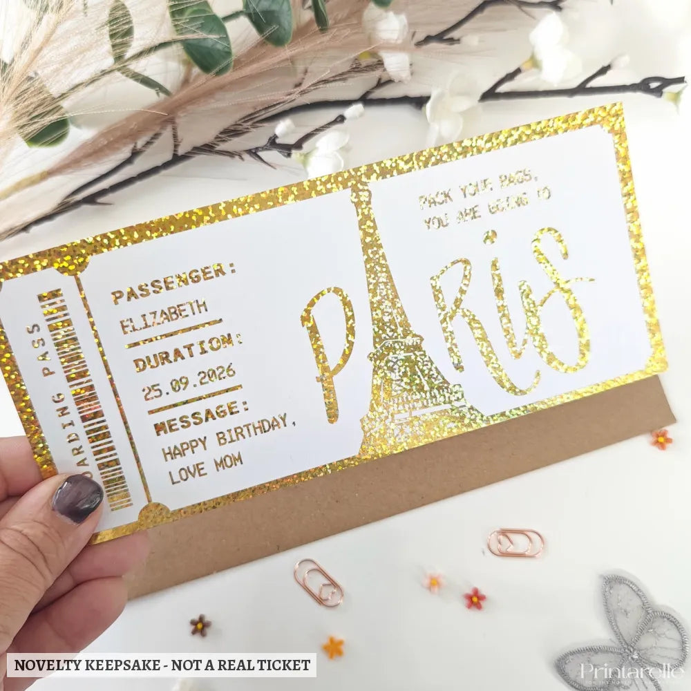 Personalised Paris Boarding Pass Surprise Reveal Ticket - personalised paris boarding, paris boarding pass, holographic