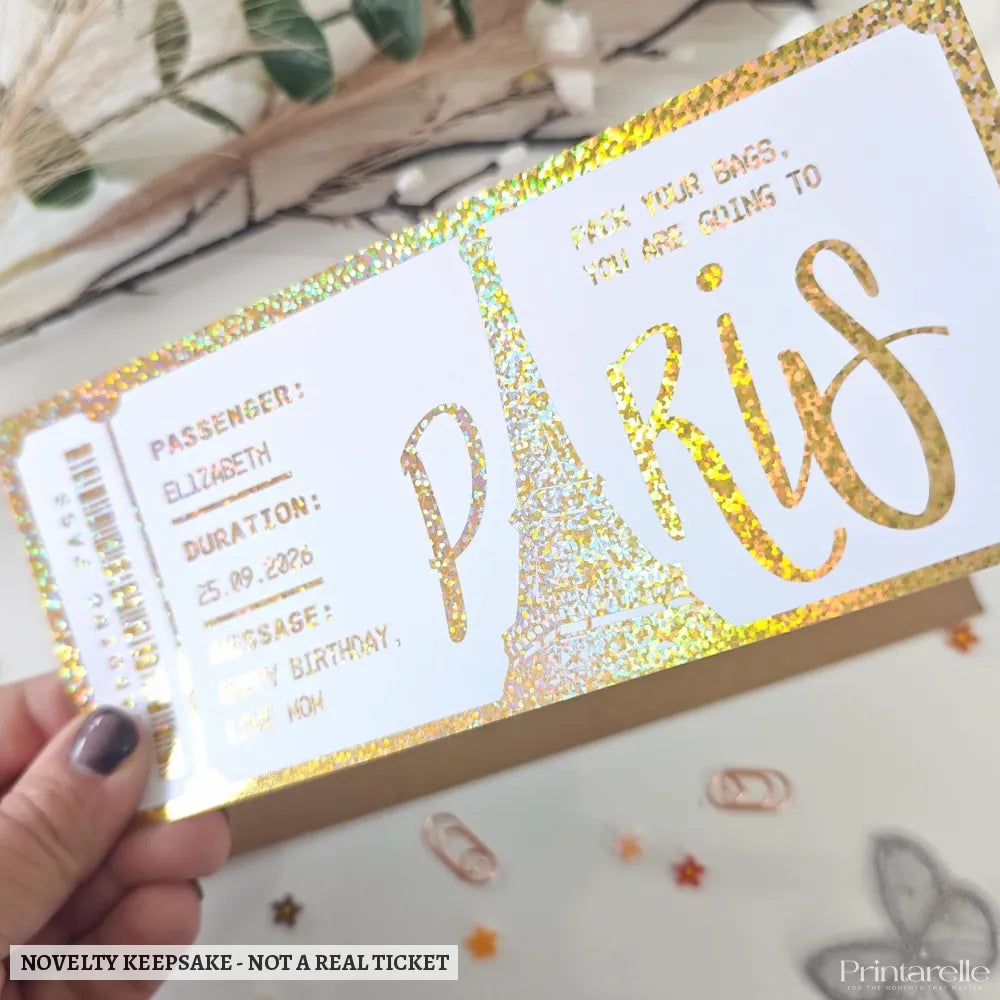 Personalised Paris Boarding Pass Surprise Reveal Ticket - personalised paris boarding, paris boarding pass, holographic