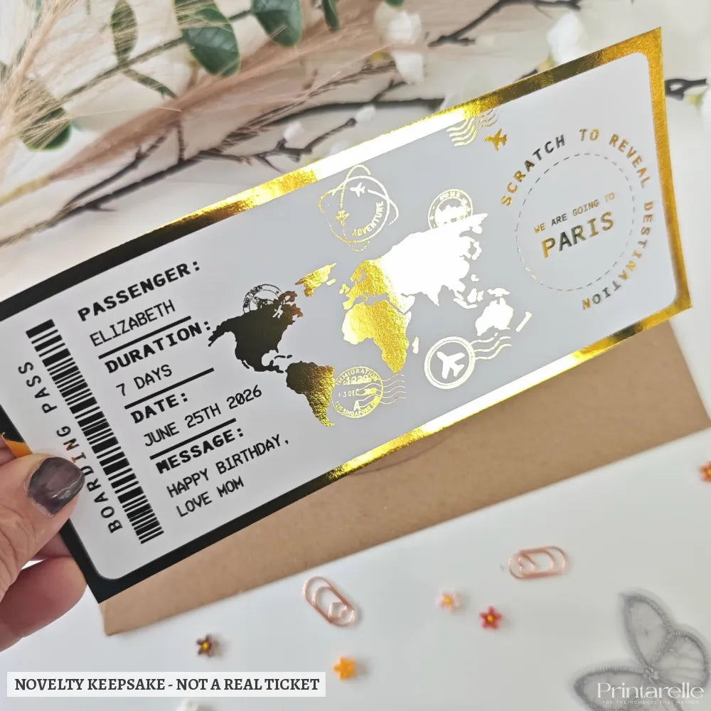 Personalised Scratch to Reveal Boarding Pass Ticket Paris - boarding pass, gold foil, world map, gold foil world, foil