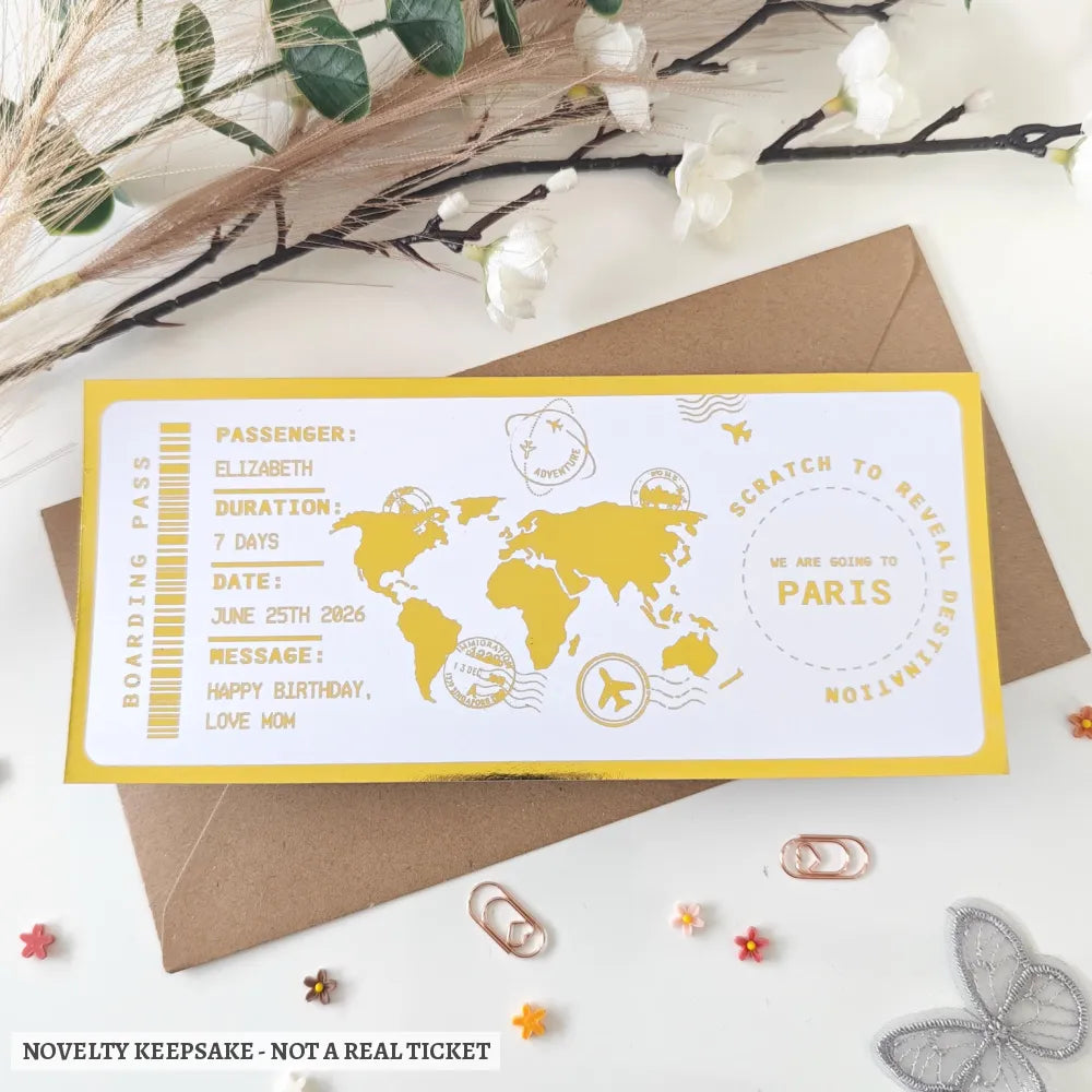 Personalised Scratch to Reveal Boarding Pass Ticket Paris - boarding pass, gold foil, world map, gold foil world, foil
