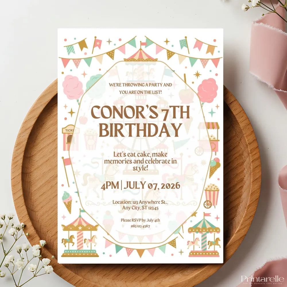 Personalised Pastel Carousel Carnival Birthday Invitation – Fairground & Cotton Candy Design - carnival birthday