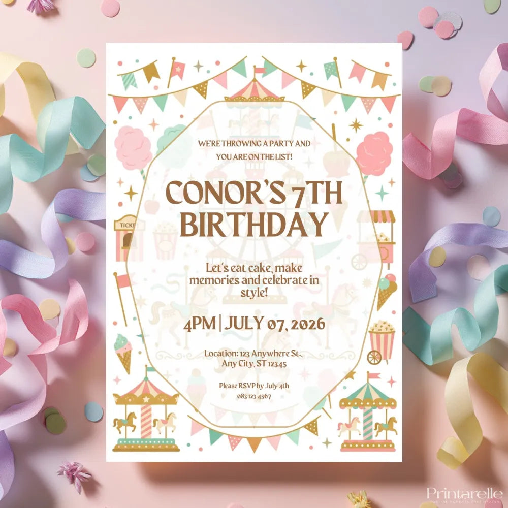 Personalised Pastel Carousel Carnival Birthday Invitation – Fairground & Cotton Candy Design - carnival birthday