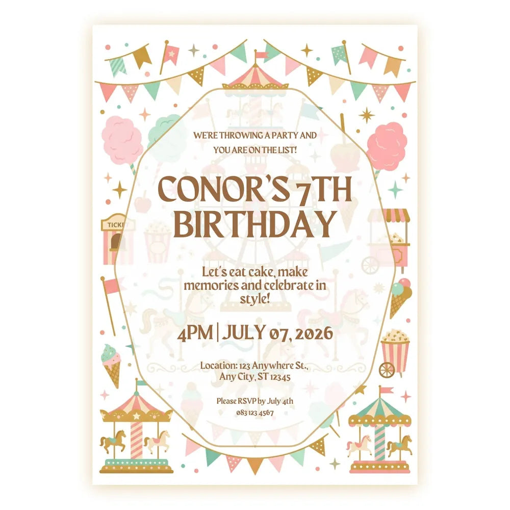 Personalised Pastel Carousel Carnival Birthday Invitation – Fairground & Cotton Candy Design - carnival birthday