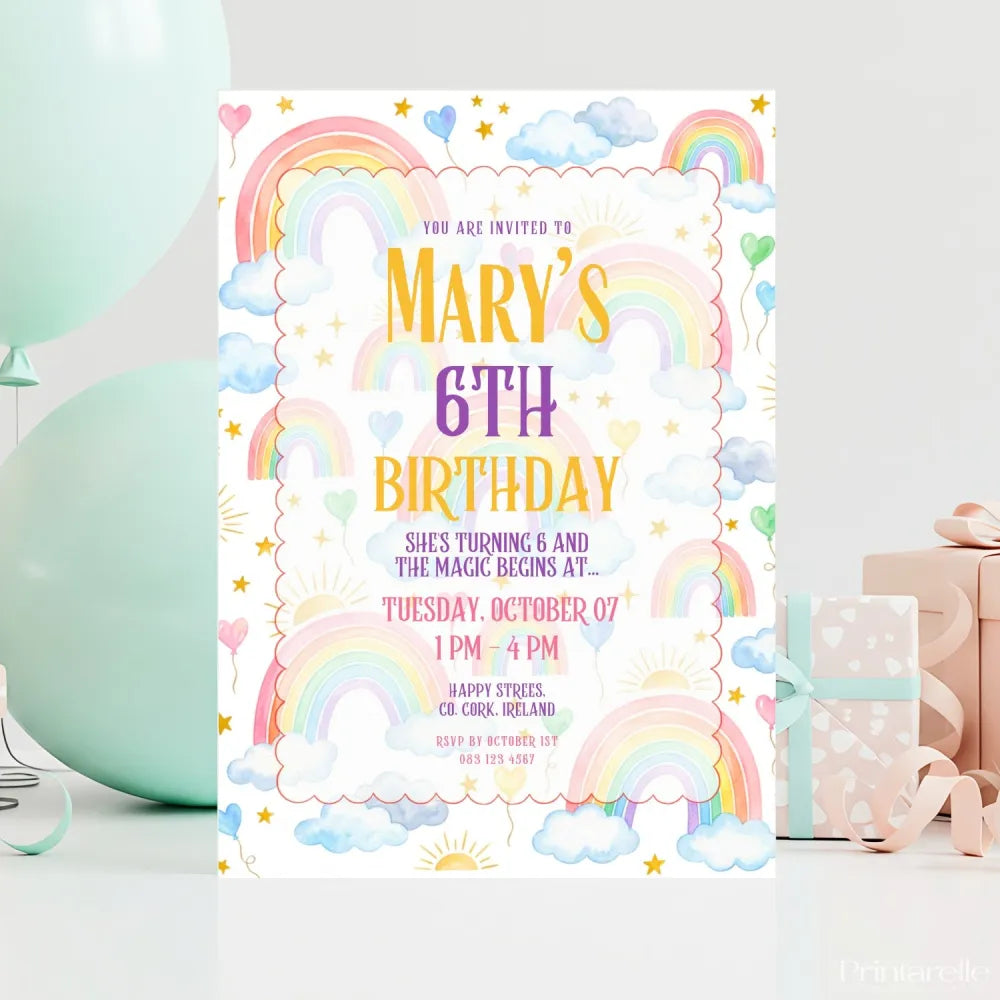 Personalised Pastel Rainbow & Clouds Birthday Party Invitation Cards - pastel rainbow, soft pastel rainbow, pastel