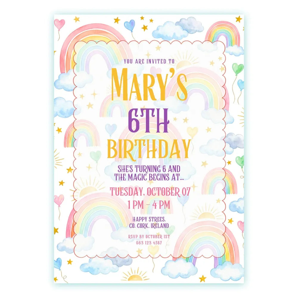 Personalised Pastel Rainbow & Clouds Birthday Party Invitation Cards - pastel rainbow, soft pastel rainbow, pastel