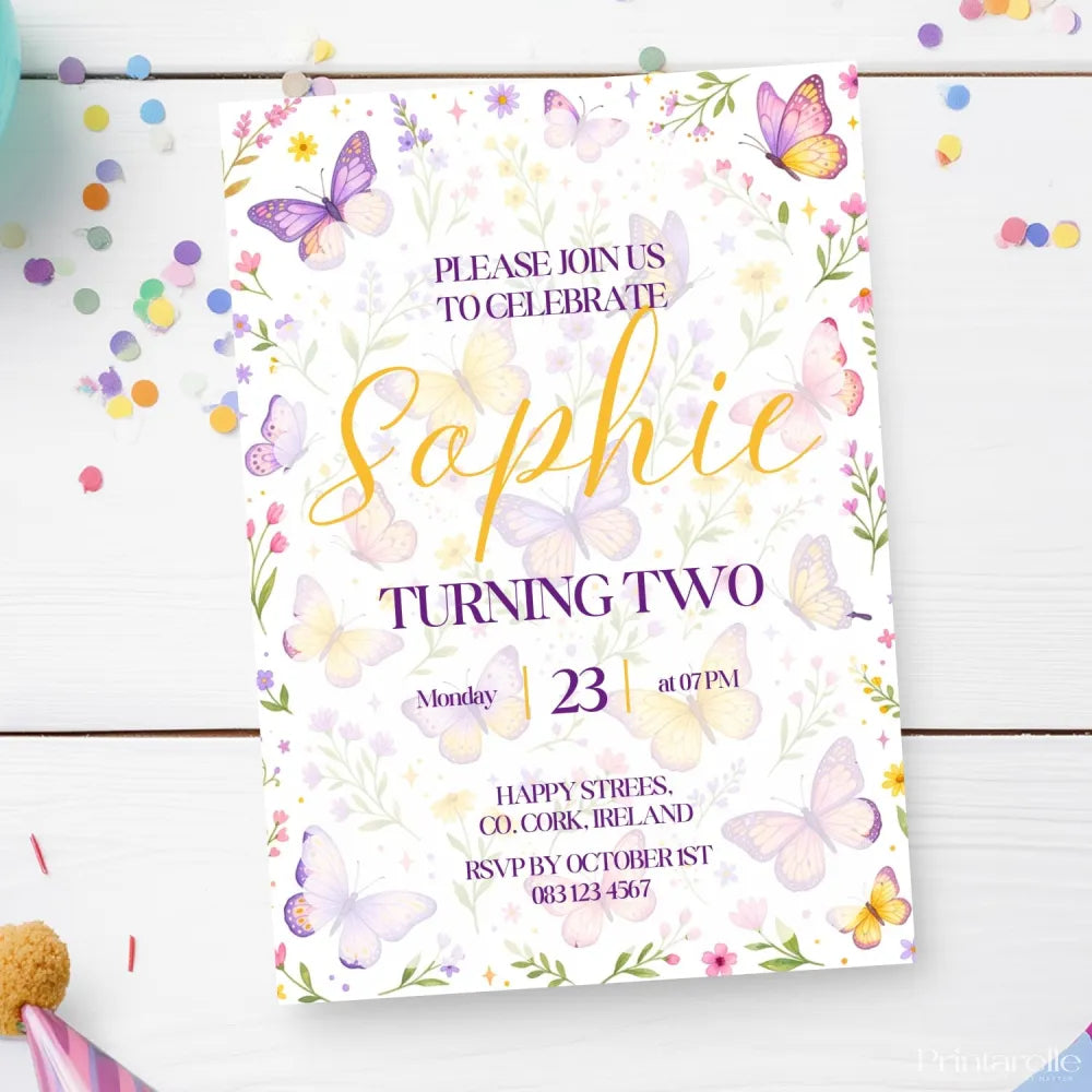 Personalised Pastel Wildflower Butterfly Birthday Invitation - pastel wildflower butterfly, wildflower butterfly