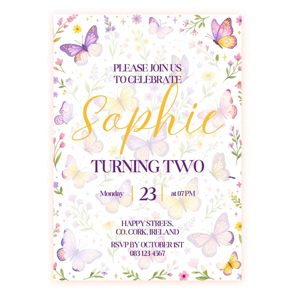 Personalised Pastel Wildflower Butterfly Birthday Invitation - pastel wildflower butterfly, wildflower butterfly