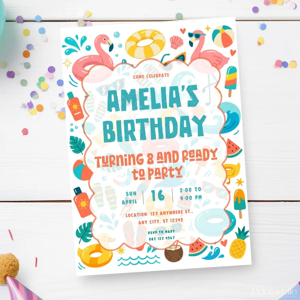 Personalised Pool Party Summer Birthday Invitation – Swim Rings Sunglasses & Ice Lollies - summer birthday invitation,