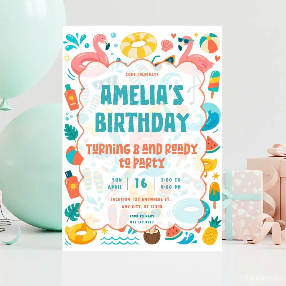 Personalised Pool Party Summer Birthday Invitation – Swim Rings Sunglasses & Ice Lollies - summer birthday invitation,