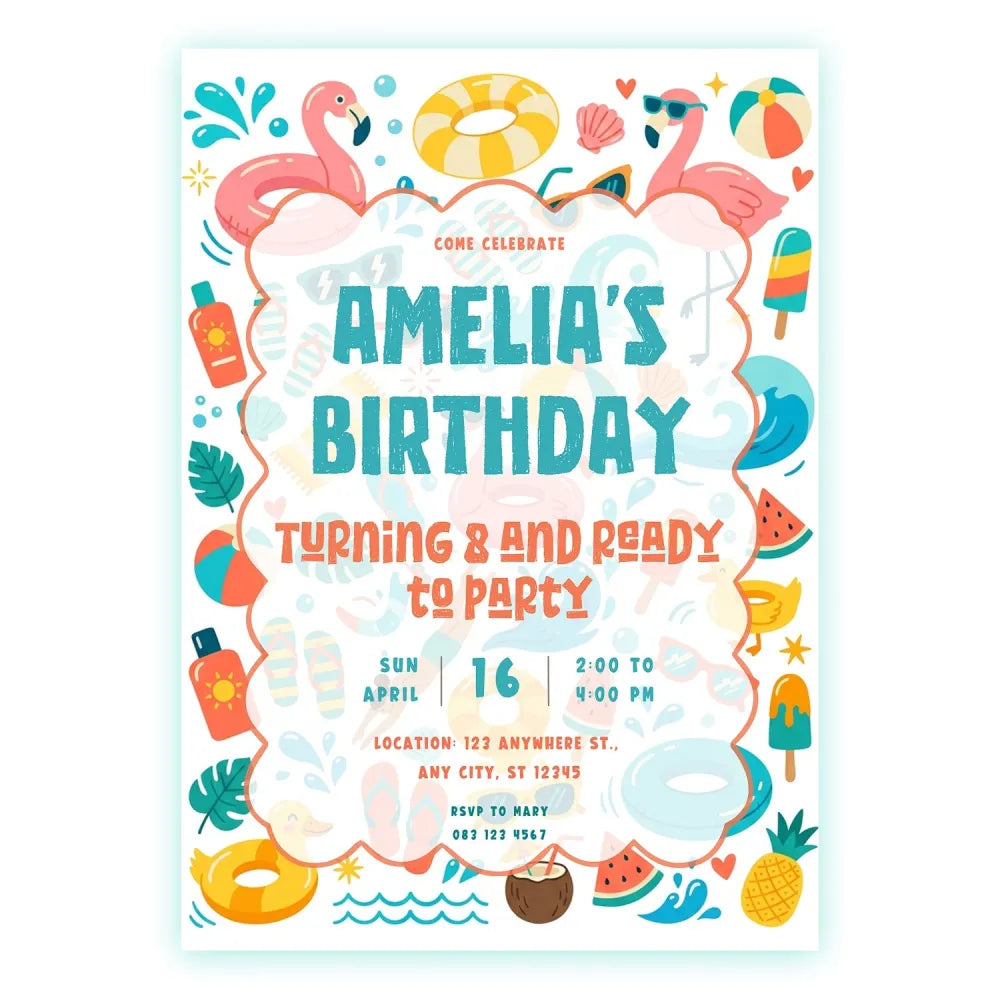 Personalised Pool Party Summer Birthday Invitation – Swim Rings Sunglasses & Ice Lollies - summer birthday invitation,