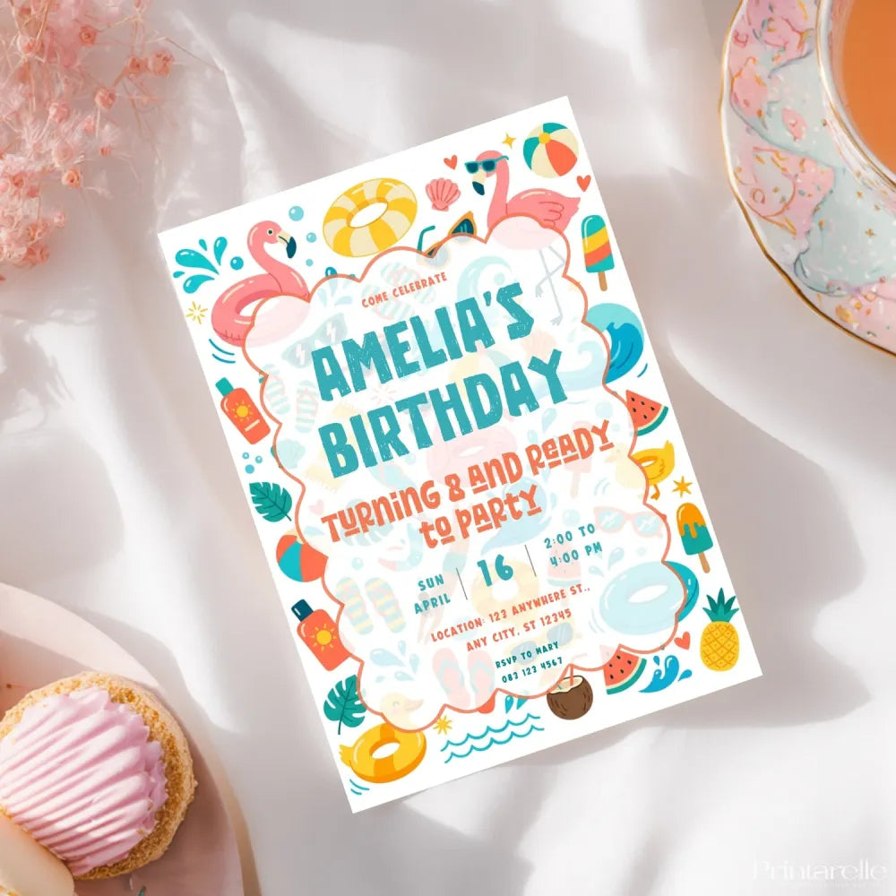 Personalised Pool Party Summer Birthday Invitation – Swim Rings Sunglasses & Ice Lollies - summer birthday invitation,