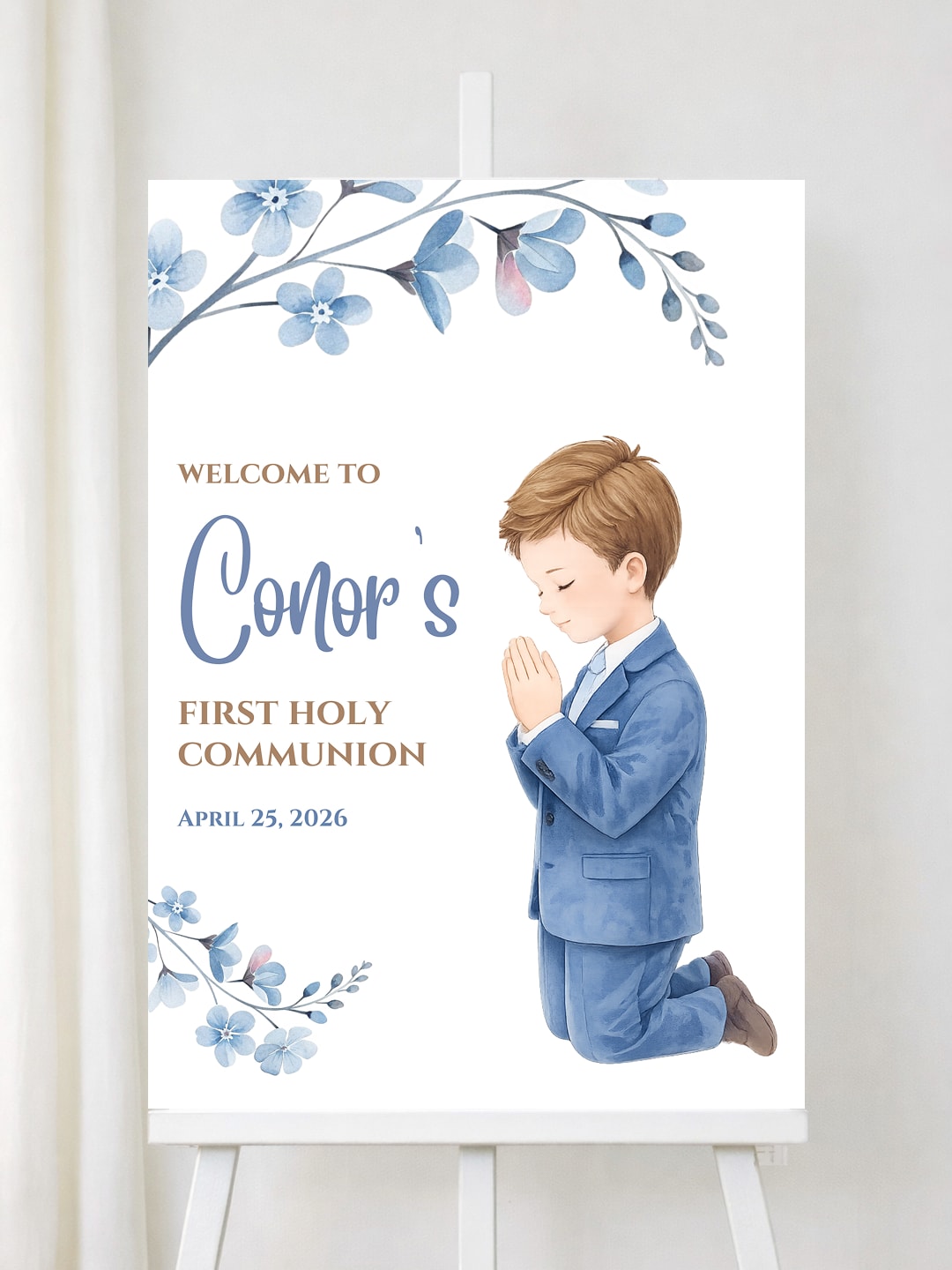 Personalised Praying Boy First Holy Communion Welcome Sign
