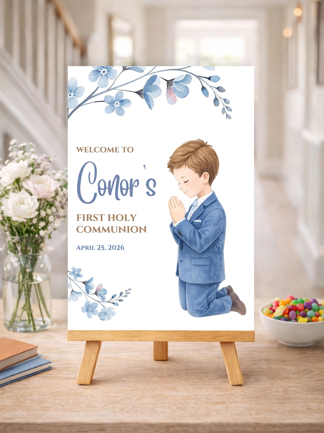 Personalised Praying Boy First Holy Communion Welcome Sign