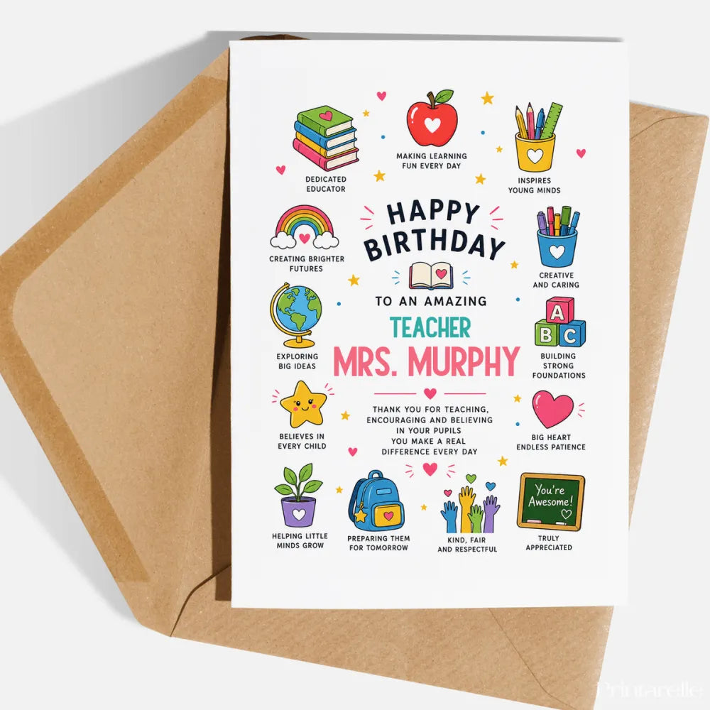 Personalised Primary Teacher Birthday Card - birthday card, teacher birthday card, teacher birthday, personalised