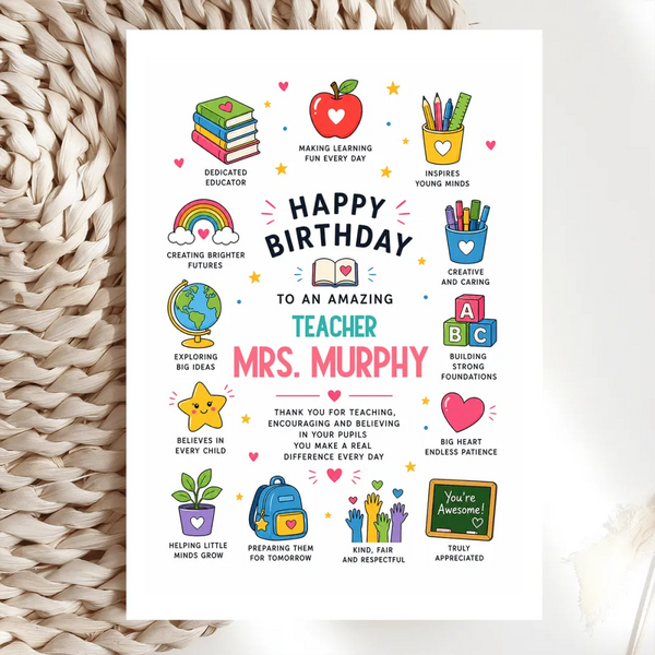 Personalised Primary Teacher Birthday Card - birthday card, teacher birthday card, teacher birthday, personalised