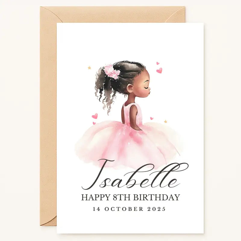 birthday card for girl with pink princess dress and custom name