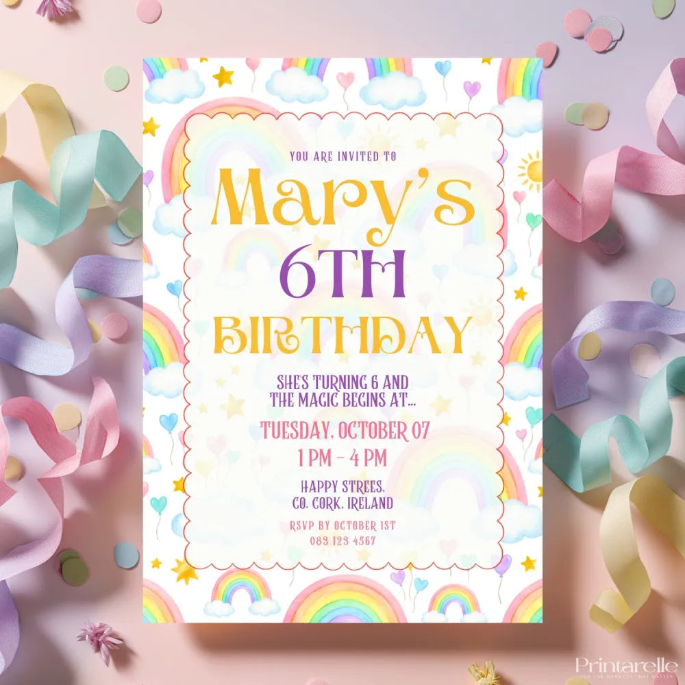 Personalised Rainbow & Clouds Birthday Party Invitation - clouds birthday, vibrant watercolour rainbow, rainbow clouds