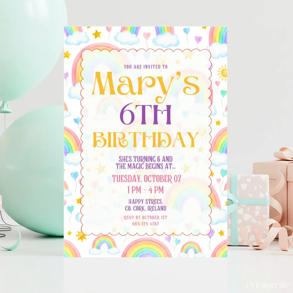 Personalised Rainbow & Clouds Birthday Party Invitation - clouds birthday, vibrant watercolour rainbow, rainbow clouds