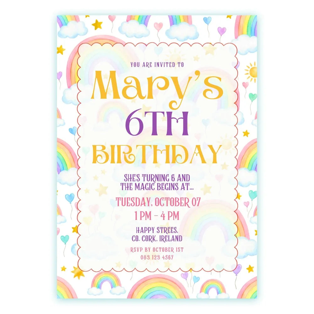 Personalised Rainbow & Clouds Birthday Party Invitation - clouds birthday, vibrant watercolour rainbow, rainbow clouds