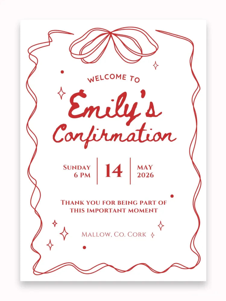 Personalised Red Ribbon Confirmation Welcome Sign - Party Decor - Printarelle