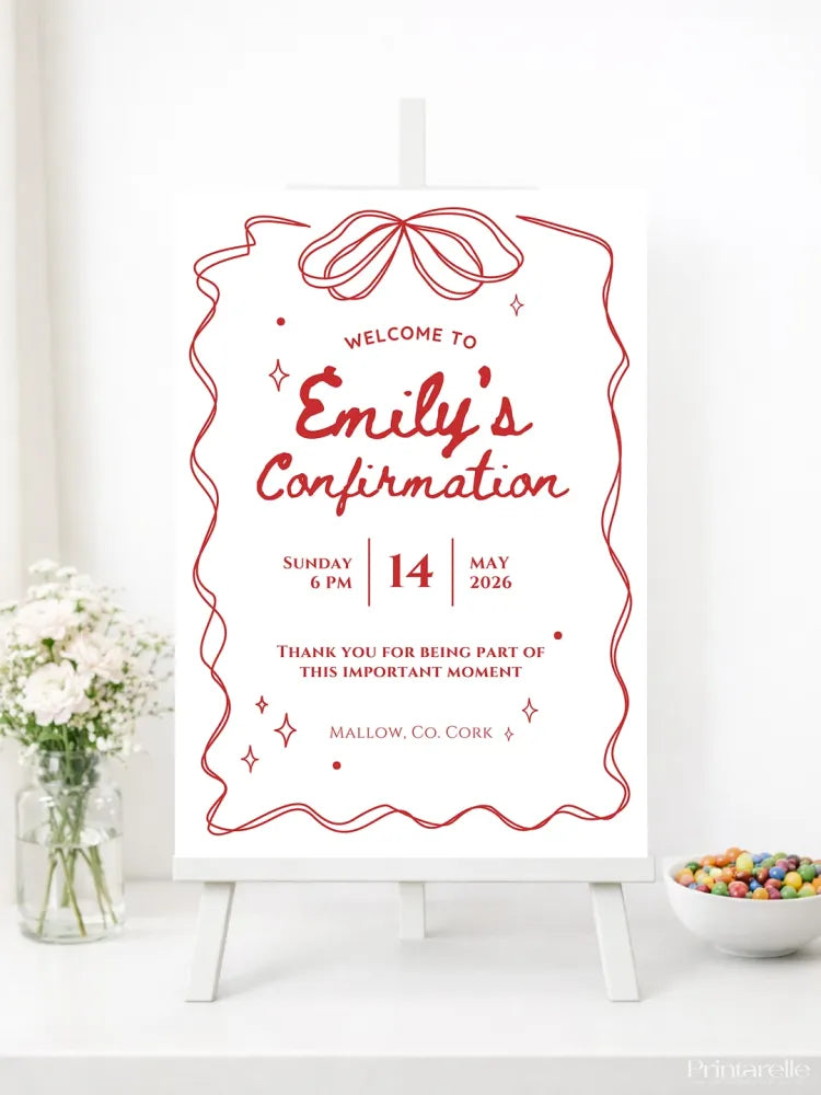 Personalised Red Ribbon Confirmation Welcome Sign - Party Decor - Printarelle