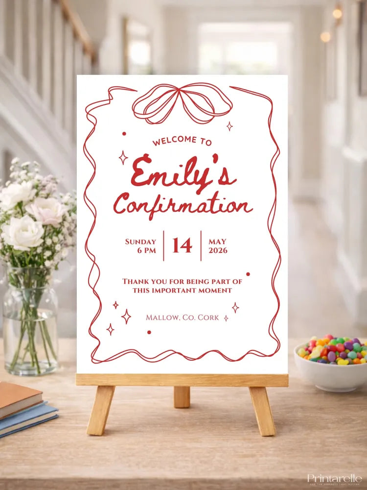 Personalised Red Ribbon Confirmation Welcome Sign - Party Decor - Printarelle
