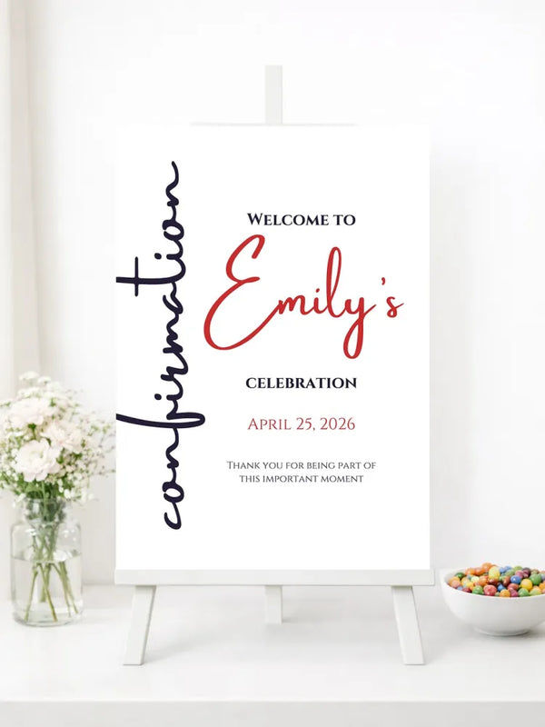 Personalised Red Script Confirmation Welcome Sign - Party Decor - Printarelle