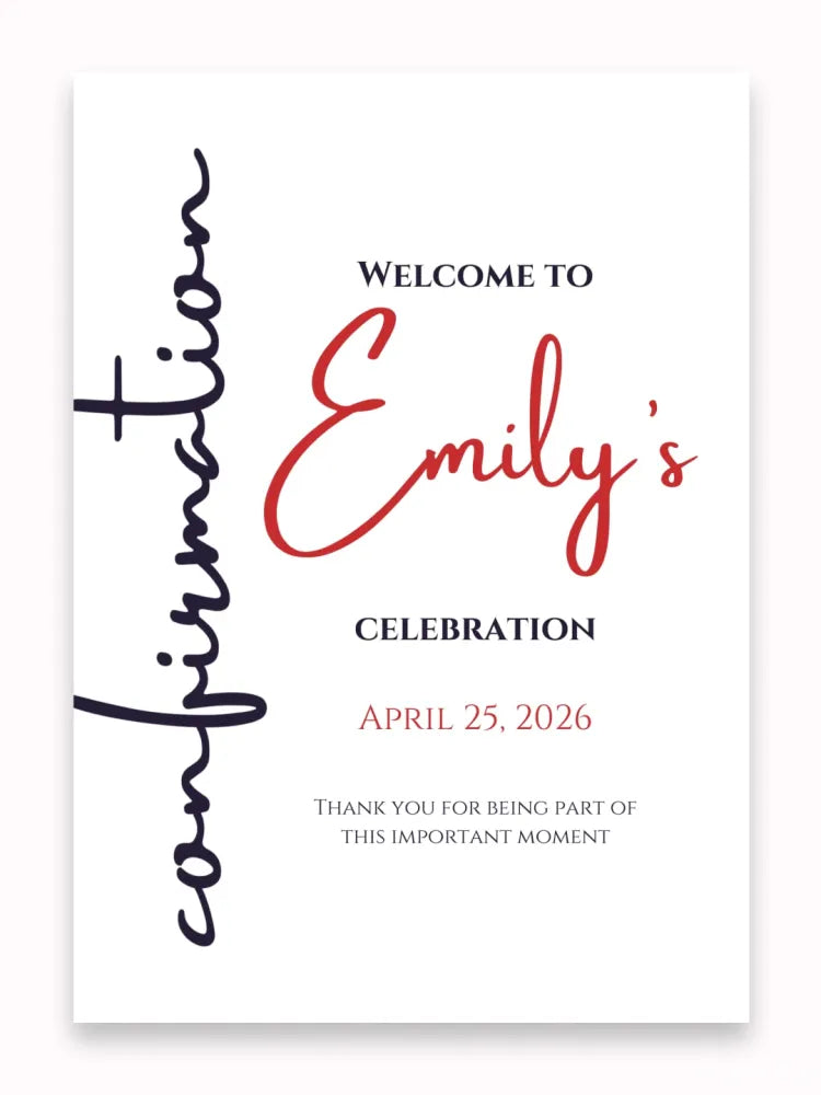 Personalised Red Script Confirmation Welcome Sign - Party Decor - Printarelle
