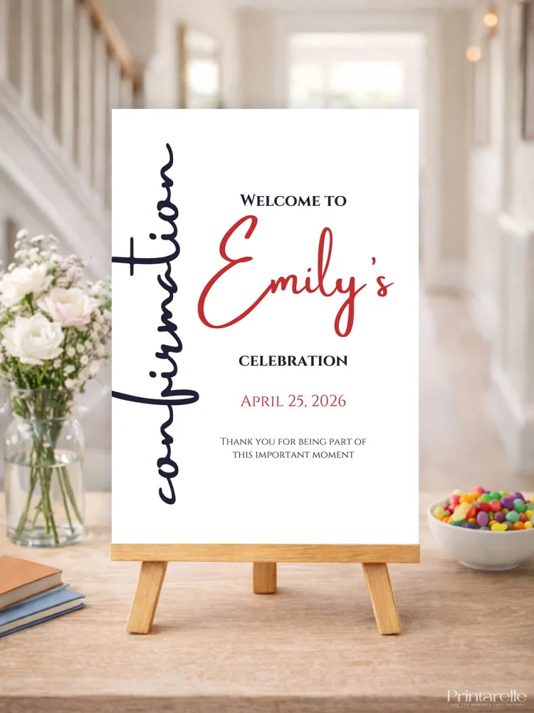 Personalised Red Script Confirmation Welcome Sign - Party Decor - Printarelle