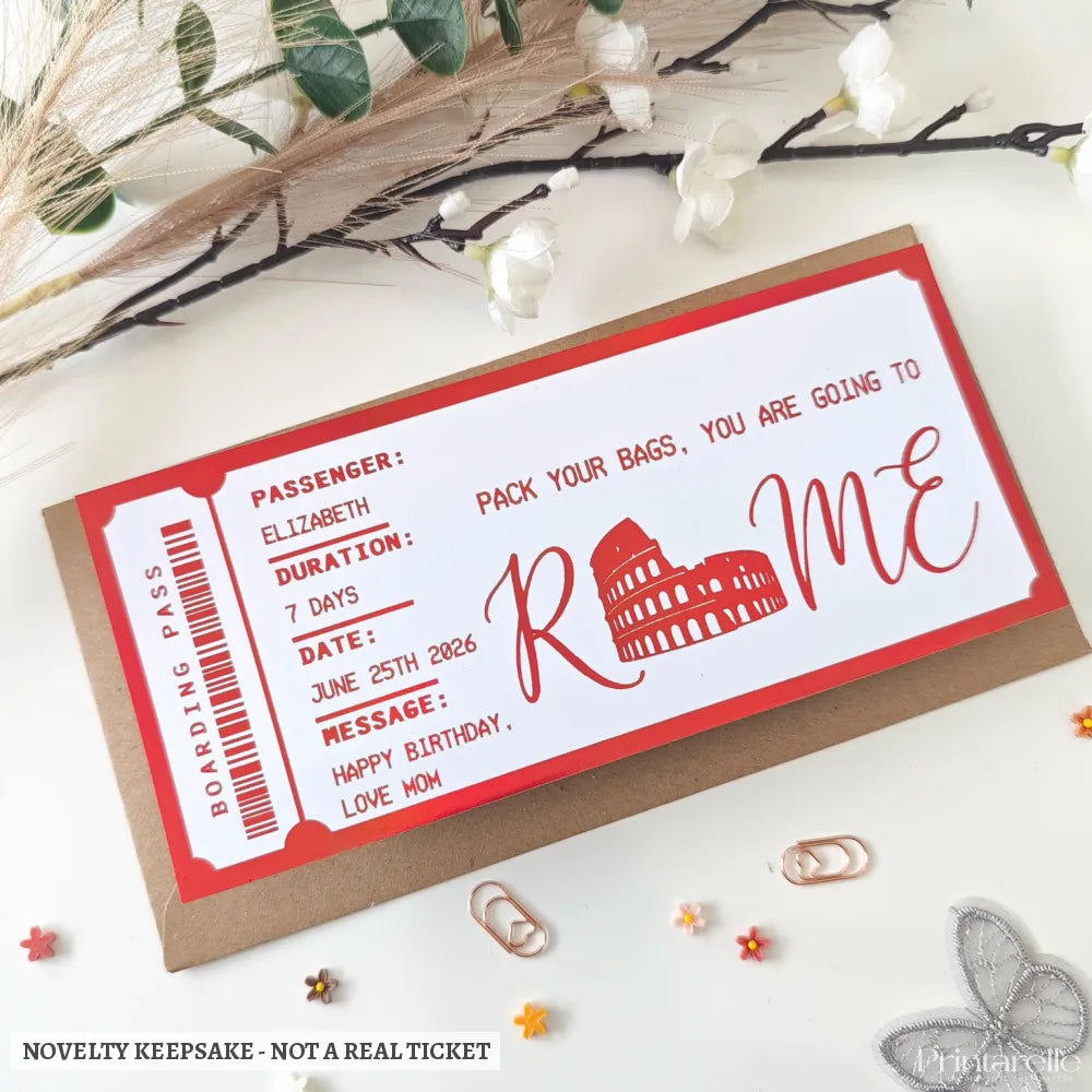Personalised Rome Boarding Pass Surprise Reveal Ticket - bold red foil, personalised rome boarding, rome boarding pass,