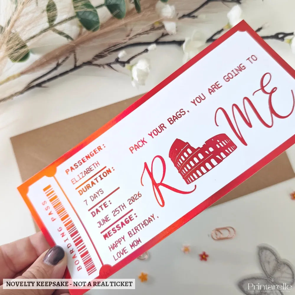 Personalised Rome Boarding Pass Surprise Reveal Ticket - bold red foil, personalised rome boarding, rome boarding pass,