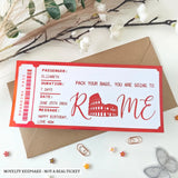 Personalised Rome Boarding Pass Surprise Reveal Ticket - bold red foil, personalised rome boarding, rome boarding pass,
