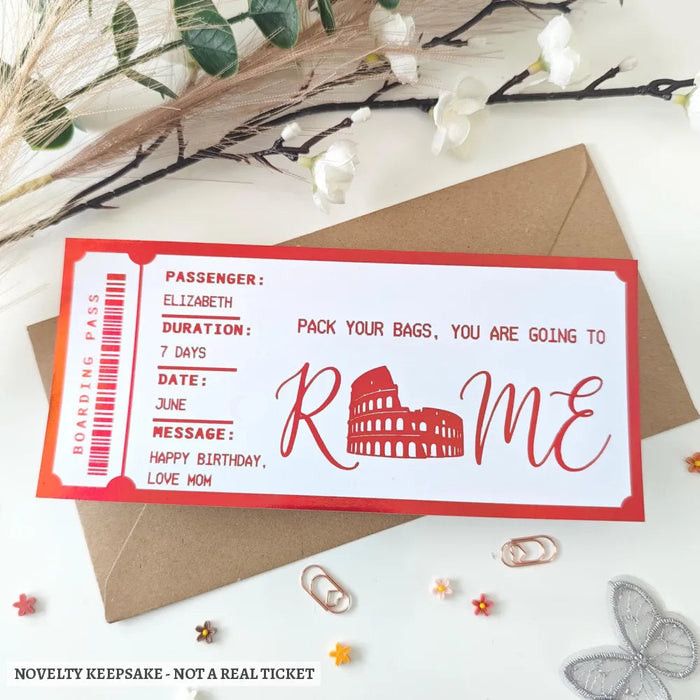 Red and white personalised rome boarding pass with bold red foil and stylised colosseum for a keepsake gift