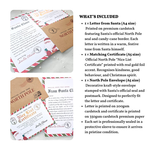 Official North Pole Letter from Santa | Nice List Certificate Set