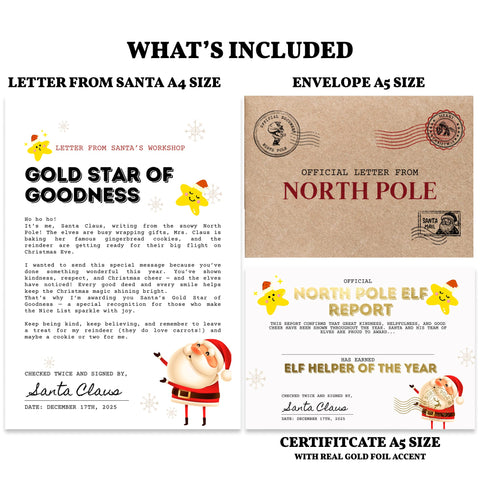Gold Star of Goodness Letter from Santa | Elf Helper of the Year Set