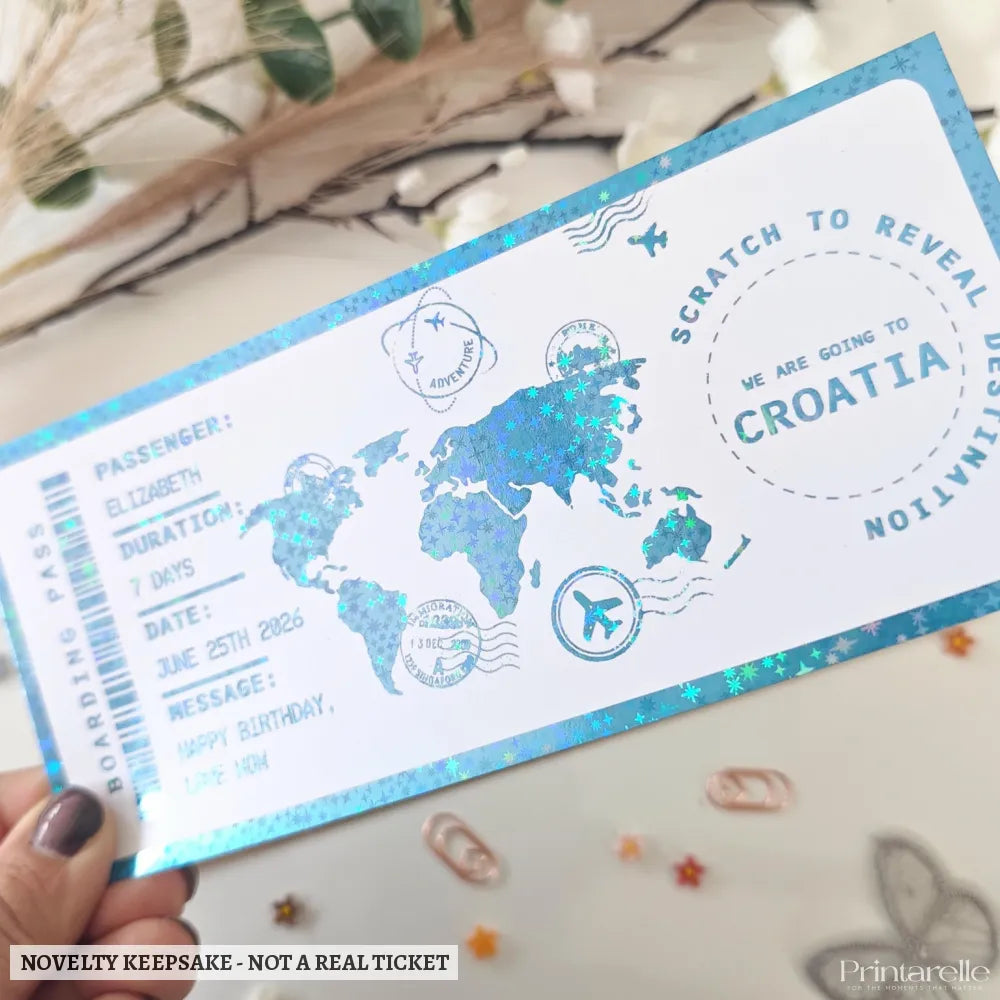 Personalised Scratch to Reveal Boarding Pass | Croatia Holiday Reveal - blue holographic foil, boarding pass, blue