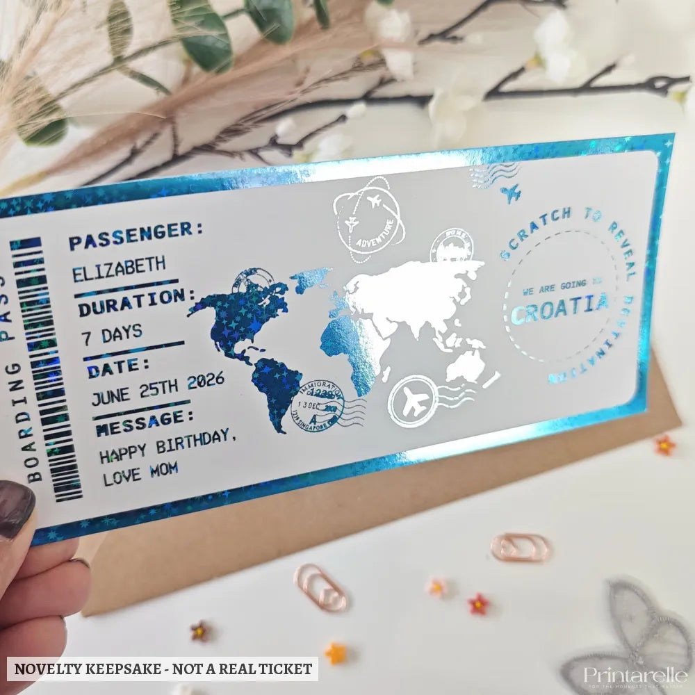 Personalised Scratch to Reveal Boarding Pass | Croatia Holiday Reveal - blue holographic foil, boarding pass, blue