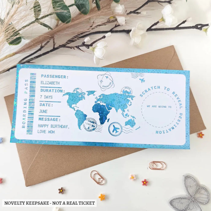 Personalised scratch to reveal boarding pass keepsake with blue holographic foil world map and scratch off destination for croatia holiday