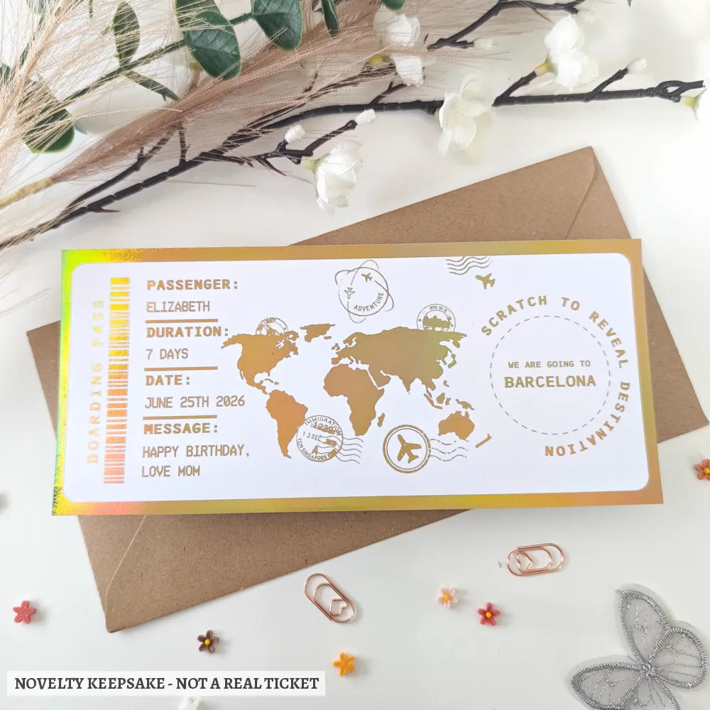 Personalised Scratch to Reveal Destination Barcelona Boarding Pass - boarding pass, holographic foil, rainbow