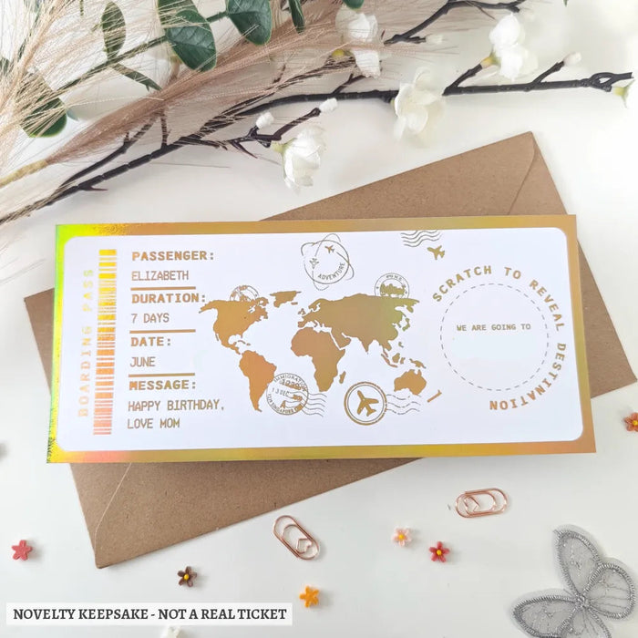 A white and gold personalised scratch to reveal boarding pass with rainbow holographic foil and birthday message for elizabeth