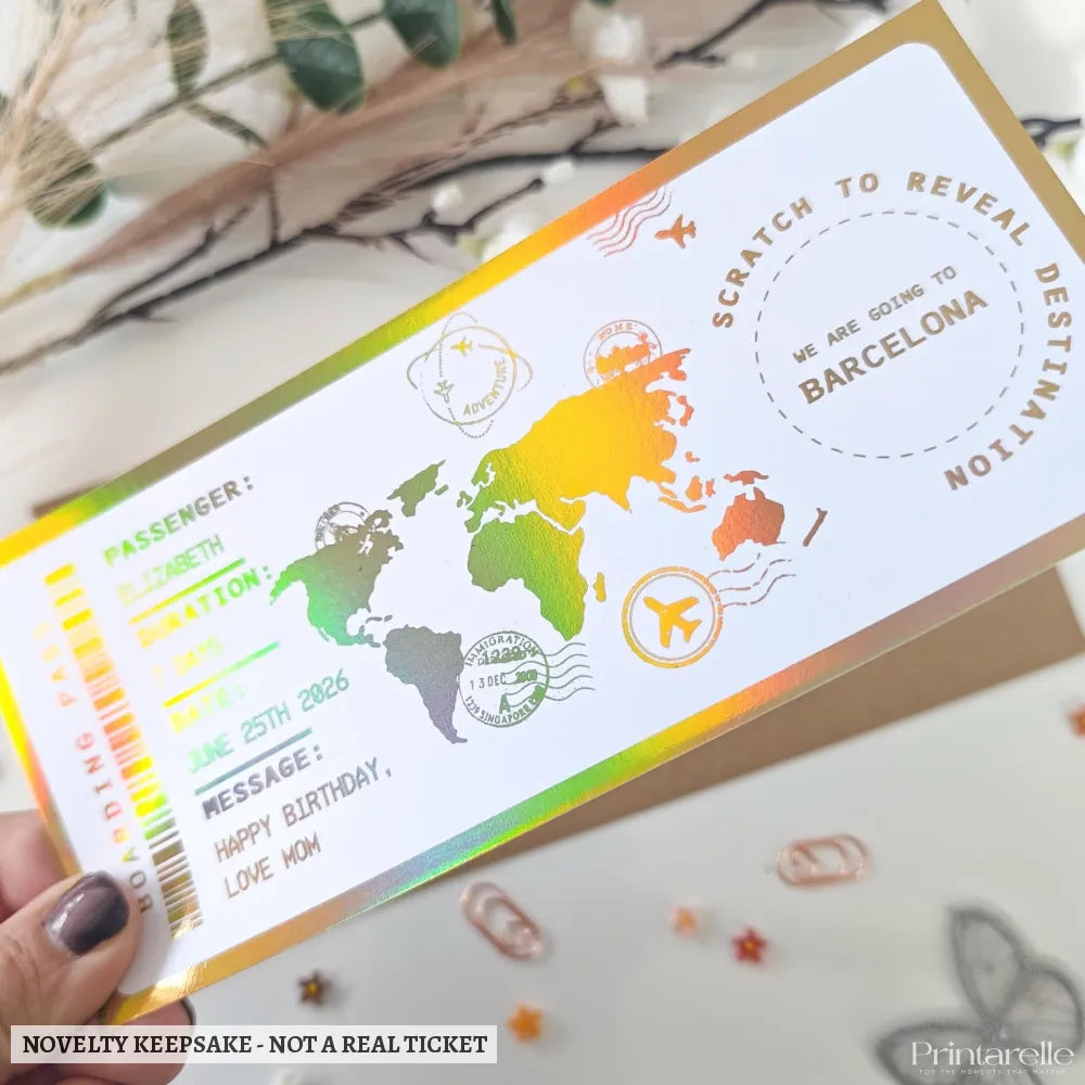 Personalised Scratch to Reveal Destination Barcelona Boarding Pass - boarding pass, holographic foil, rainbow