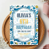 Personalised Shark Ocean Birthday Party Invitation – Bold Blue Sharks & Waves Design - bold blue sharks, dun dun, bold