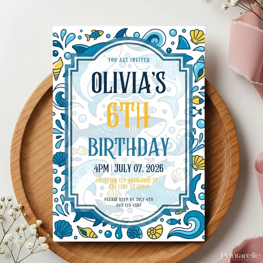 Personalised Shark Ocean Birthday Party Invitation – Bold Blue Sharks & Waves Design - bold blue sharks, dun dun, bold