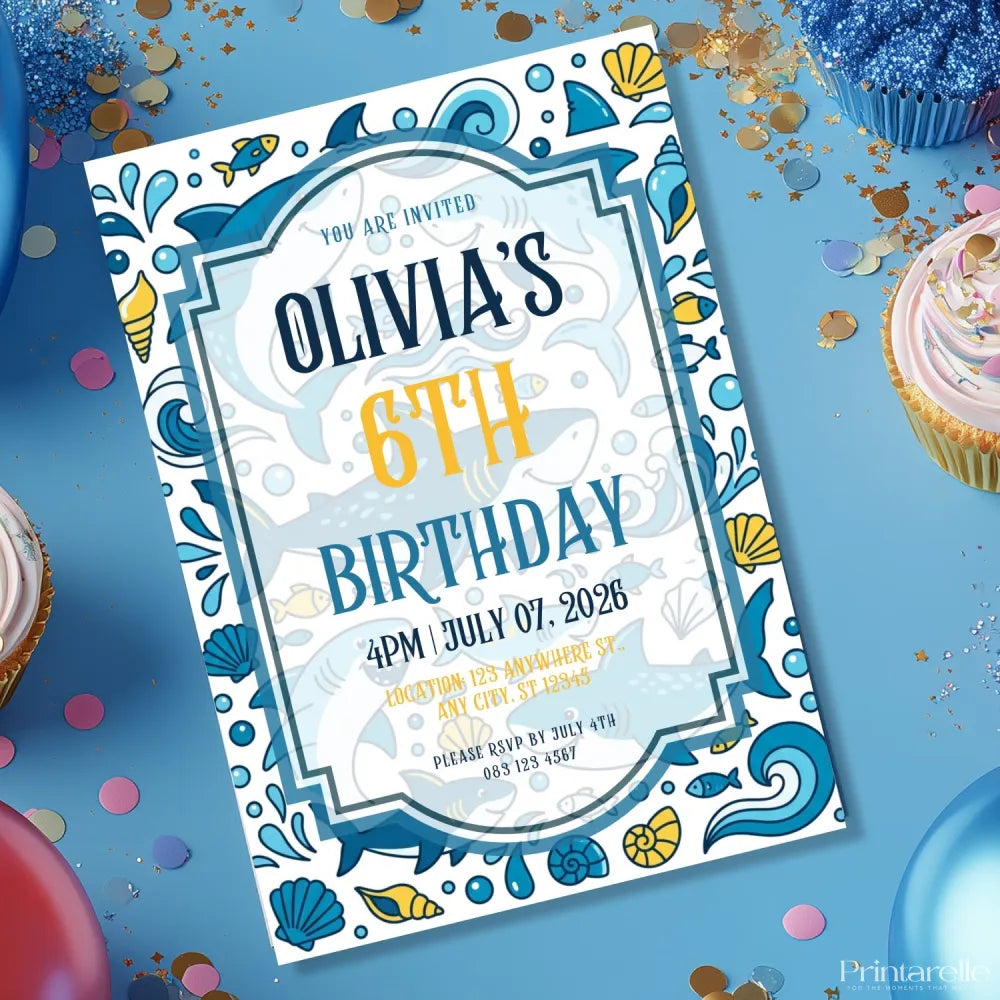 Personalised Shark Ocean Birthday Party Invitation – Bold Blue Sharks & Waves Design - bold blue sharks, dun dun, bold