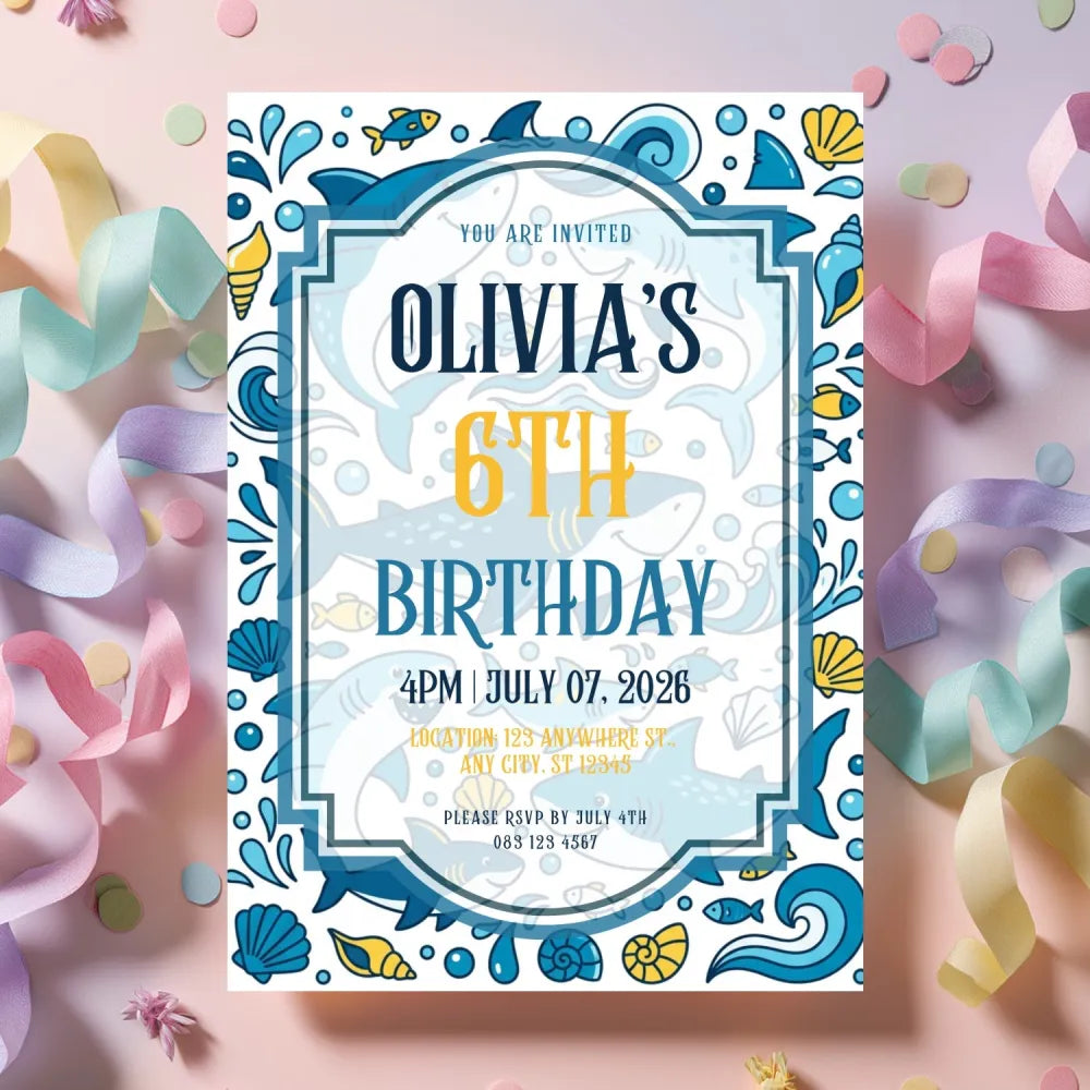 Personalised Shark Ocean Birthday Party Invitation – Bold Blue Sharks & Waves Design - bold blue sharks, dun dun, bold